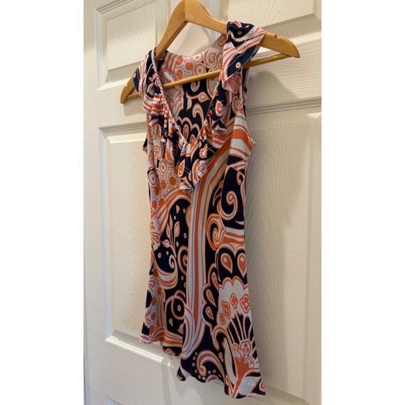 Tory Burch Womens Ruffle V Neck Sleeveless Top Size S Orange & Navy Paisley Prin - Picture 2 of 10
